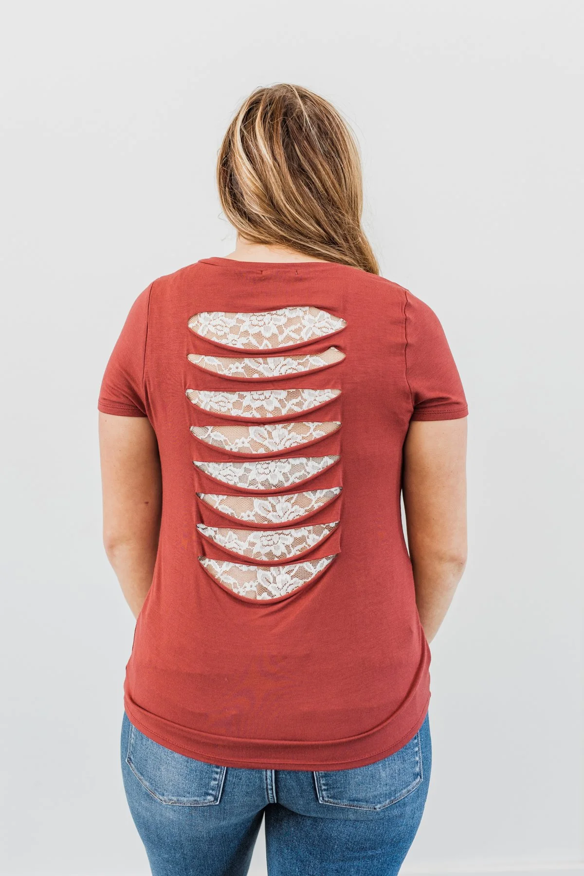 True To Your Heart Lace Back Shirt- Dusty Brick - Image 11