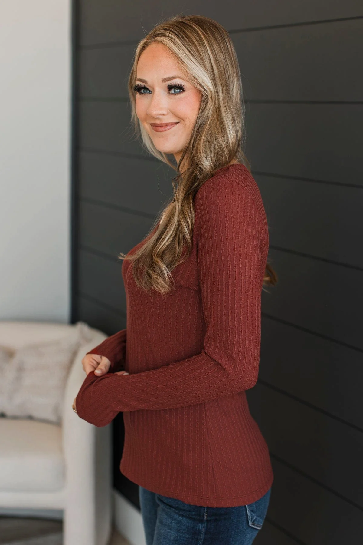 Truly Delightful Long Sleeve Top- Brick - Image 5