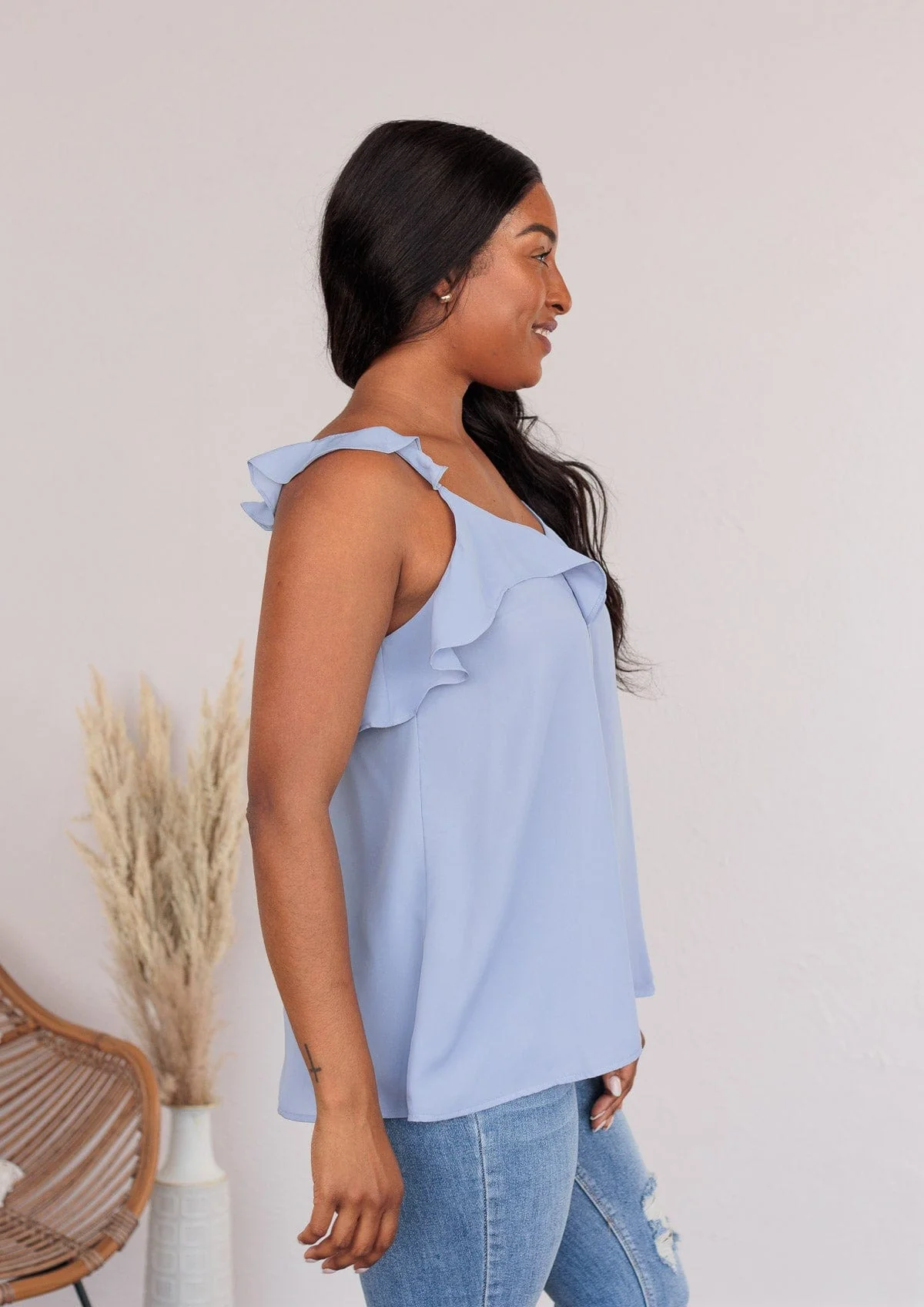 Truly Devoted Flutter Sleeve Tank- Steel Blue - Image 9