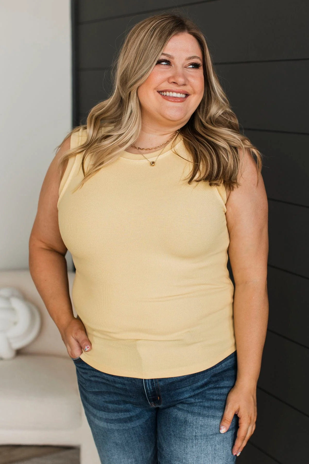 Truly Exceptional Ribbed Tank Top- Soft Yellow - Image 3