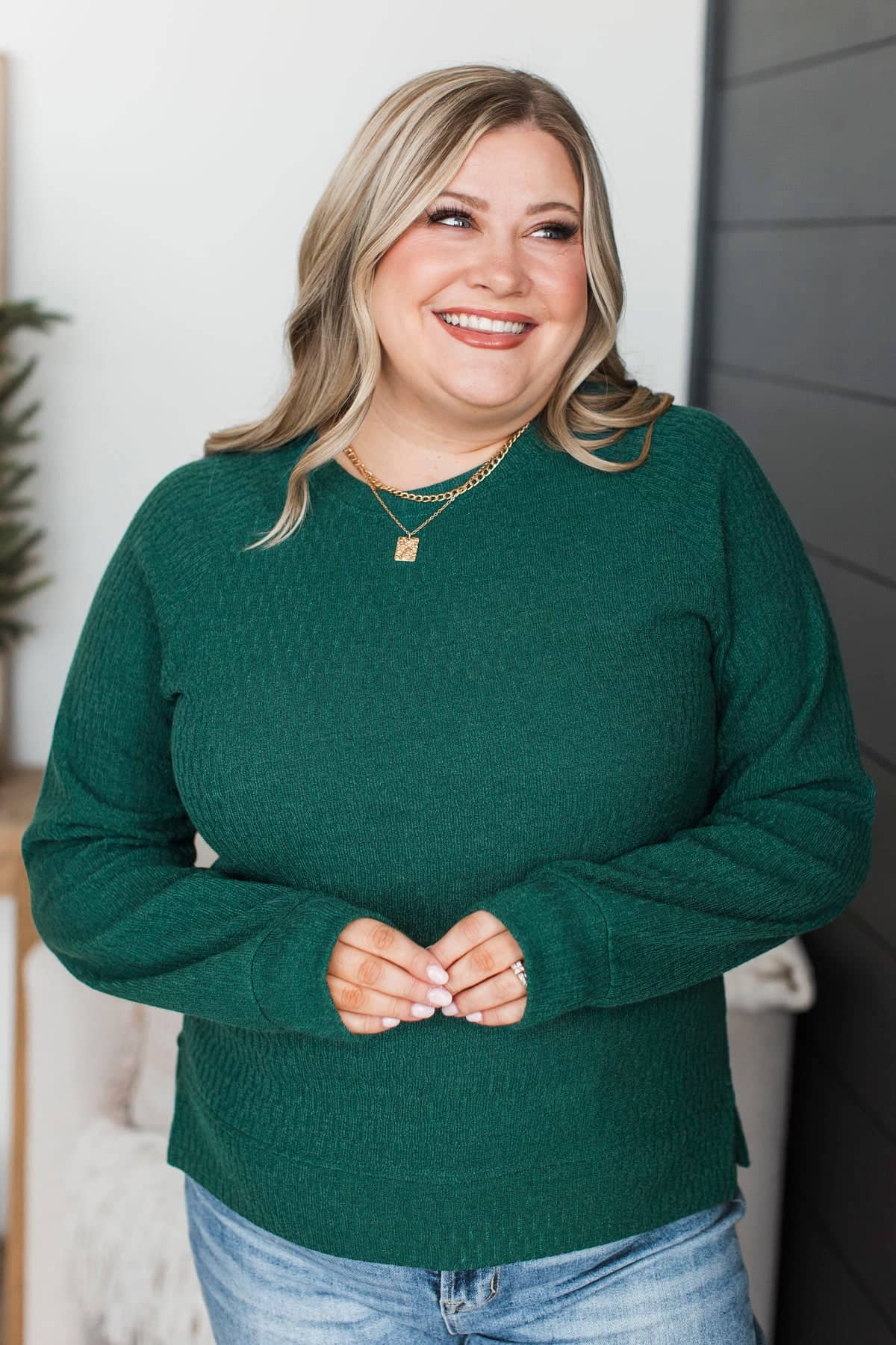 Truly Incredible Textured Knit Top- Hunter Green - Image 2