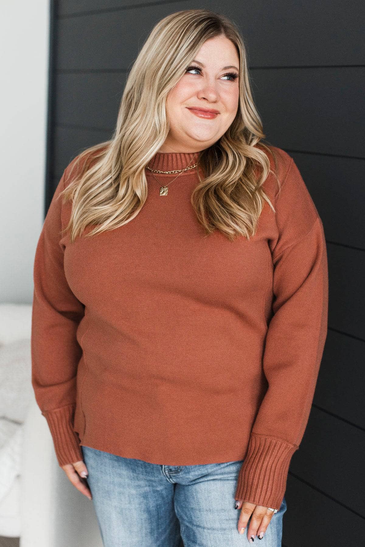 Truly Marvelous Mock Neck Sweater- Dark Copper - Image 3