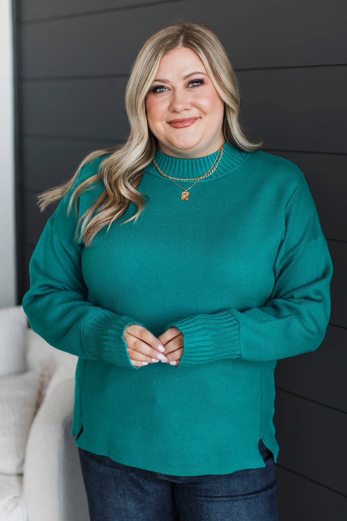 Truly Marvelous Mock Neck Sweater- Jade Blue - Image 2