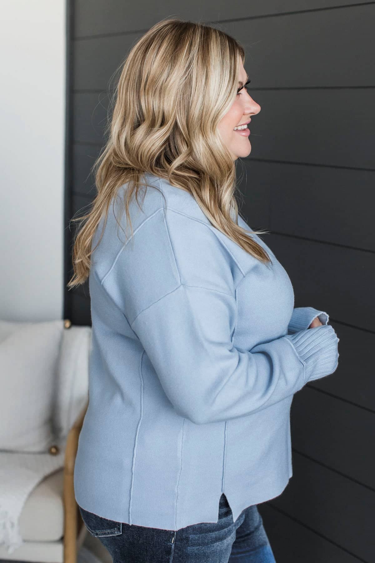 Truly Marvelous Mock Neck Sweater- Light Blue - Image 5