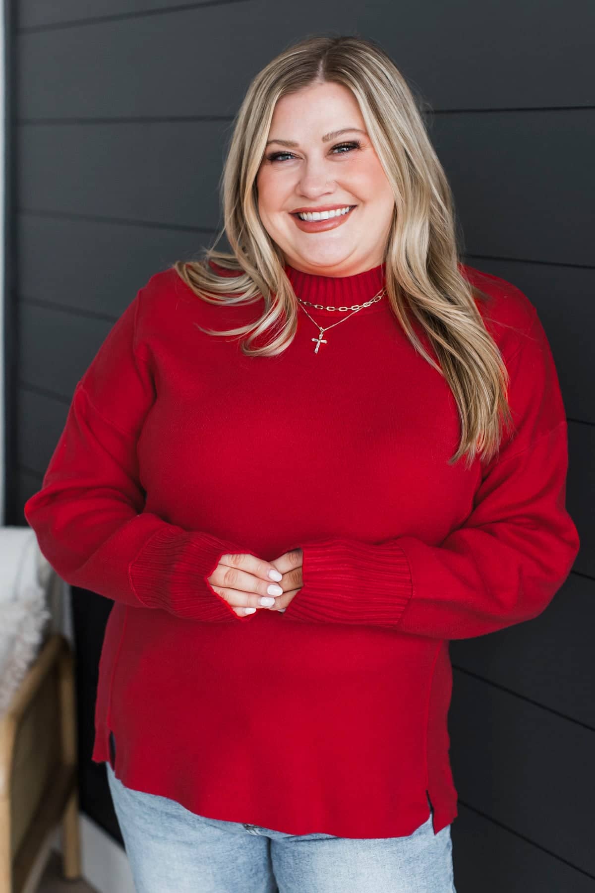 Truly Marvelous Mock Neck Sweater- Red - Image 3