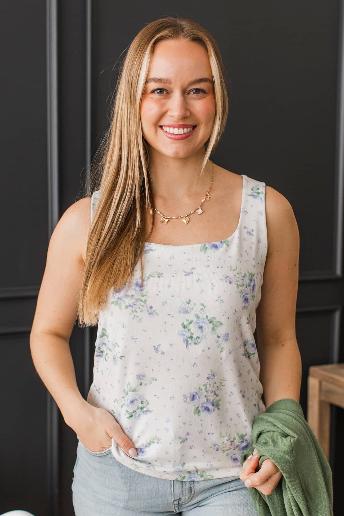 Truly Romantic Floral Tank Top- Ivory & Blue - Image 4