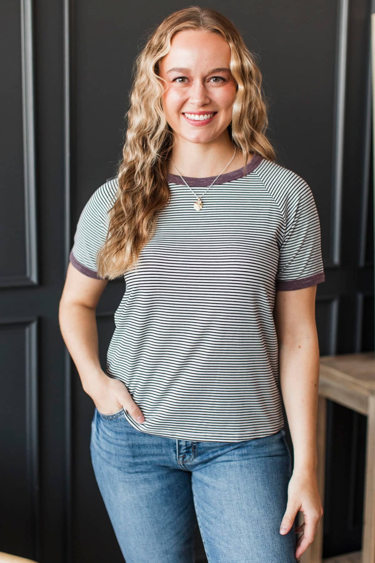 Truly The Cutest Striped Short Sleeve Top- Ivory & Dusty Plum - Image 4