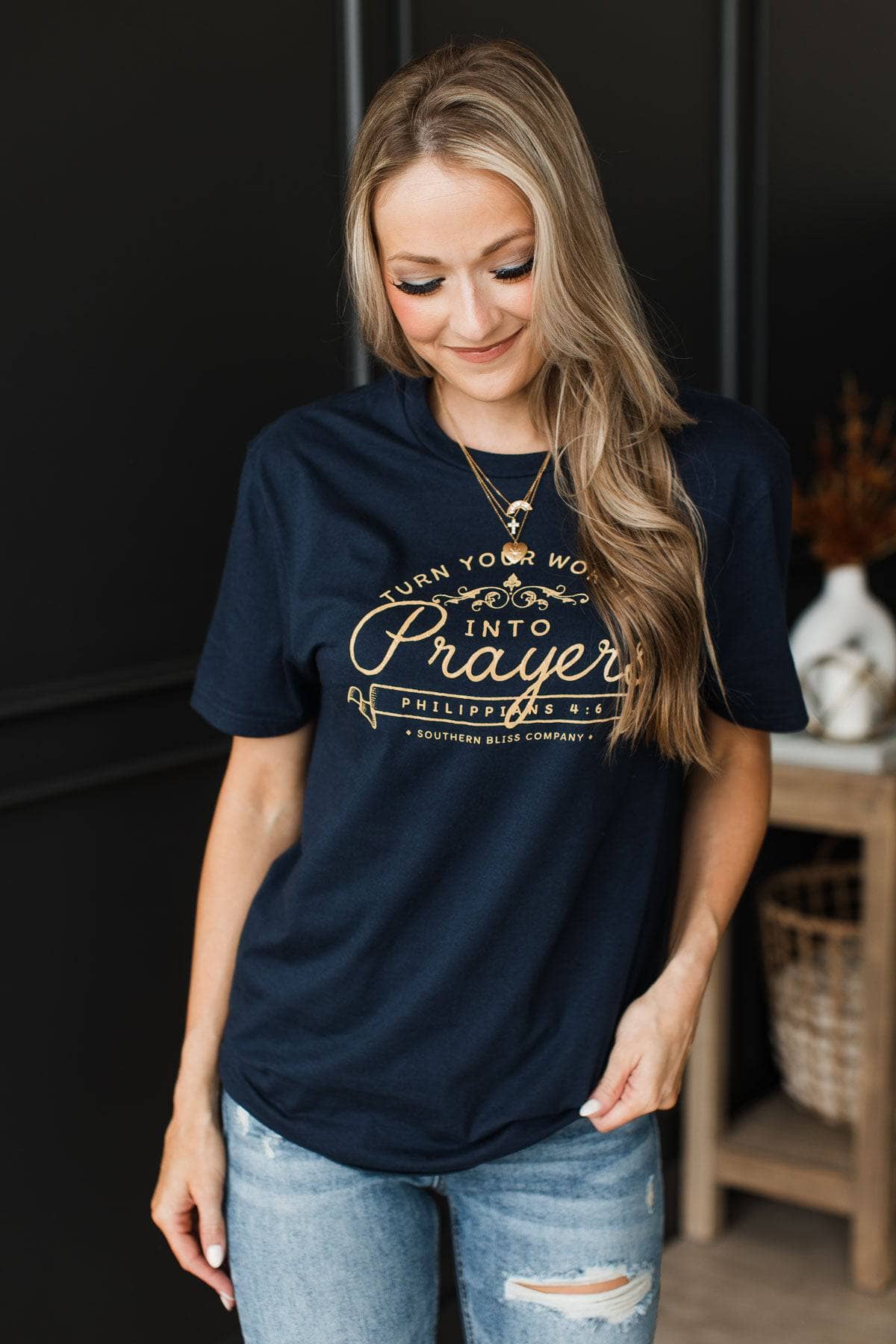 "Turn Your Worries Into Prayers" Graphic Tee- Navy - Image 2