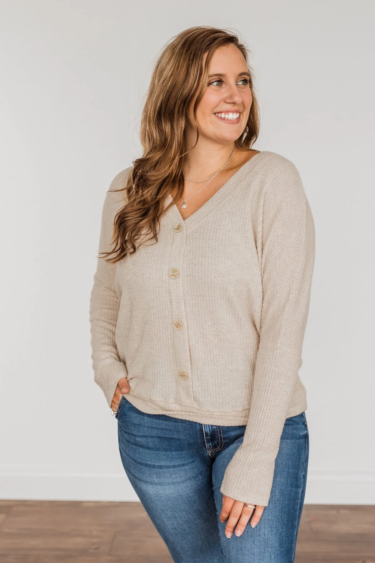 Turning A New Leaf Long Sleeve Waffle Knit Top- Oatmeal - Image 5