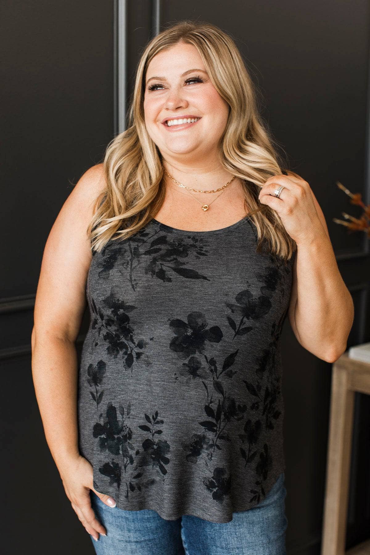 Turning Around Floral Tank Top- Charcoal & Black - Image 2