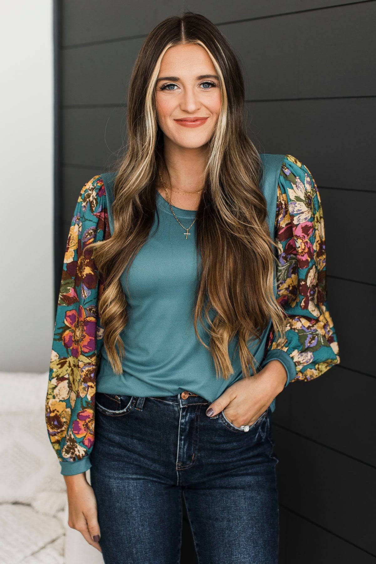 Turning Point Floral Sleeve Top- Teal - Image 3
