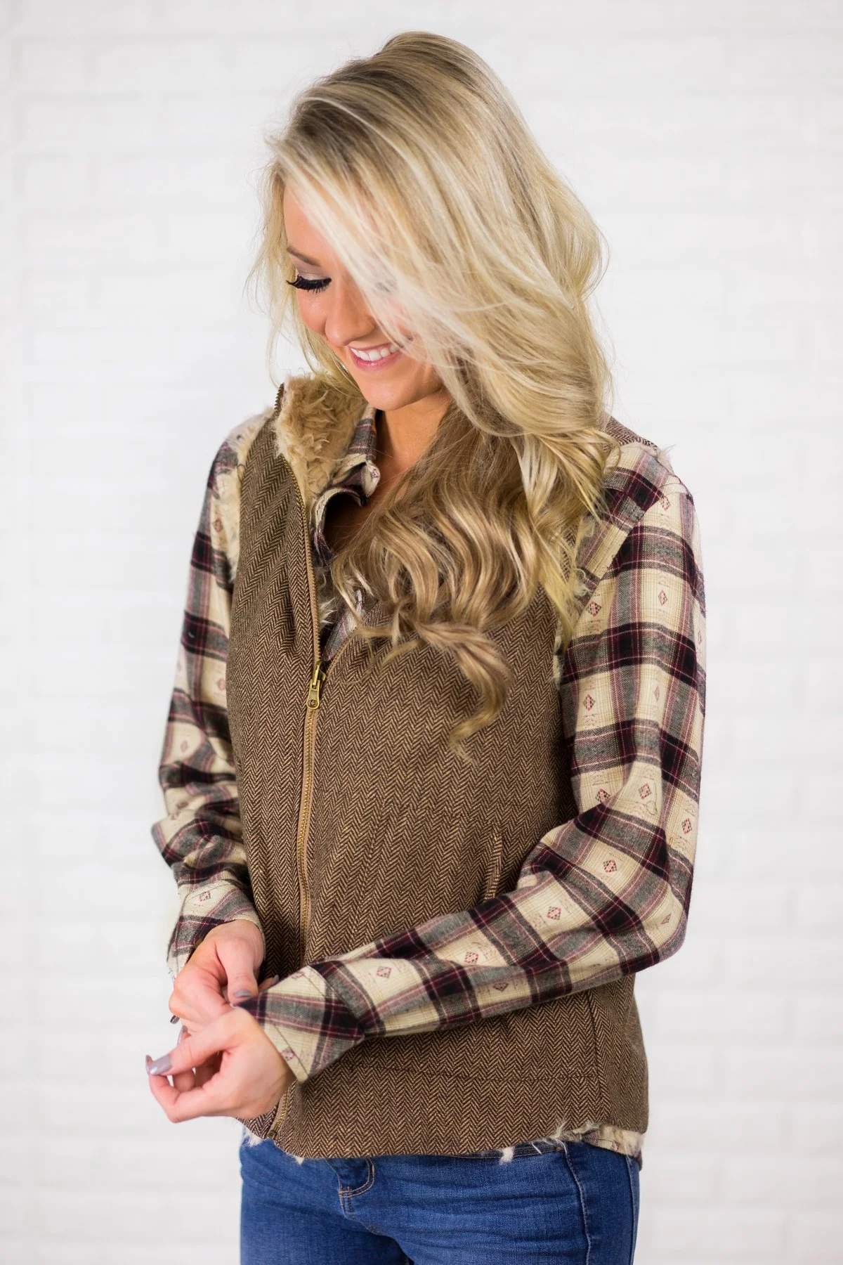 Tweed & Suede Zip Up Vest - Image 3