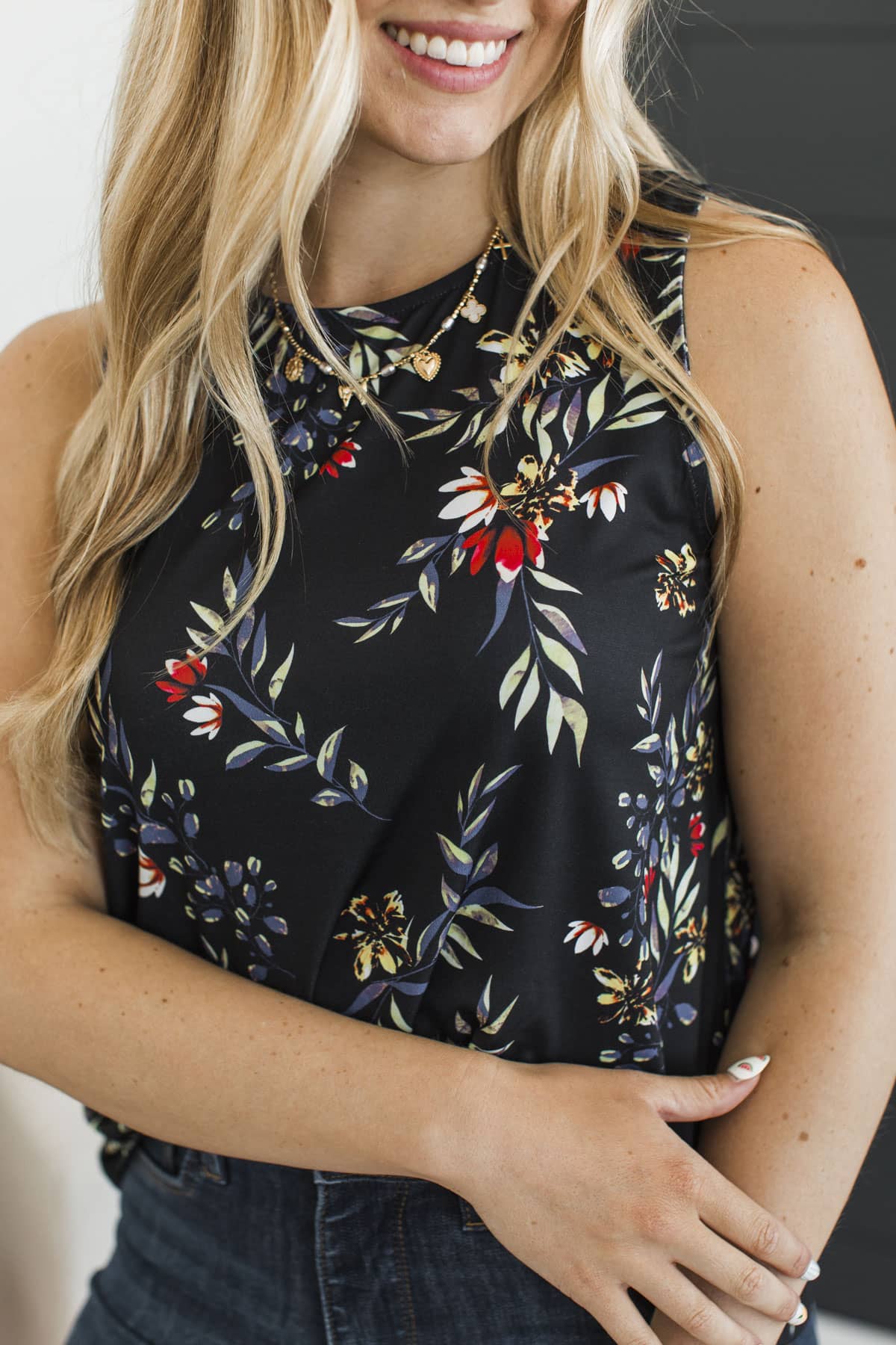 Twilight Garden Strolls Floral Tank Top- Black
