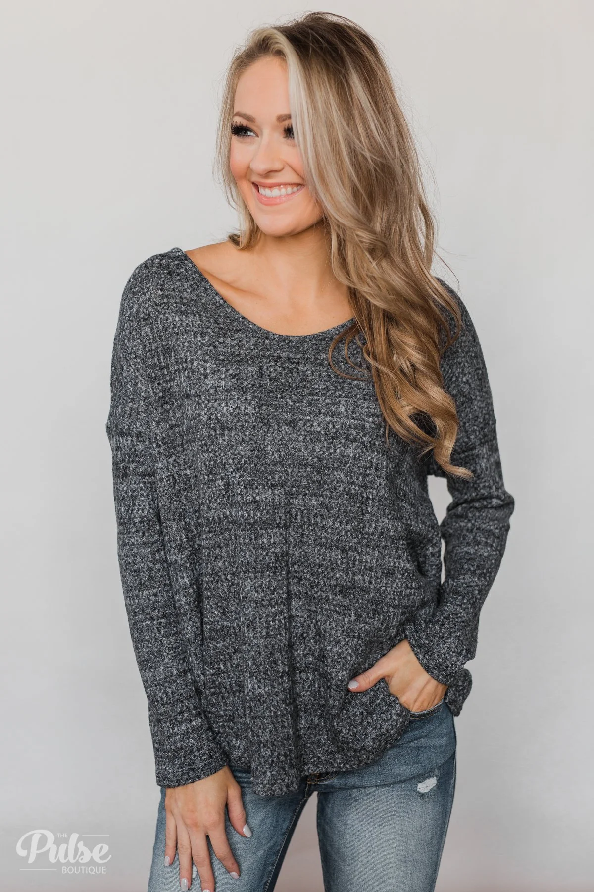 Twist of Love Back Detail Thermal Top- Charcoal - Image 10
