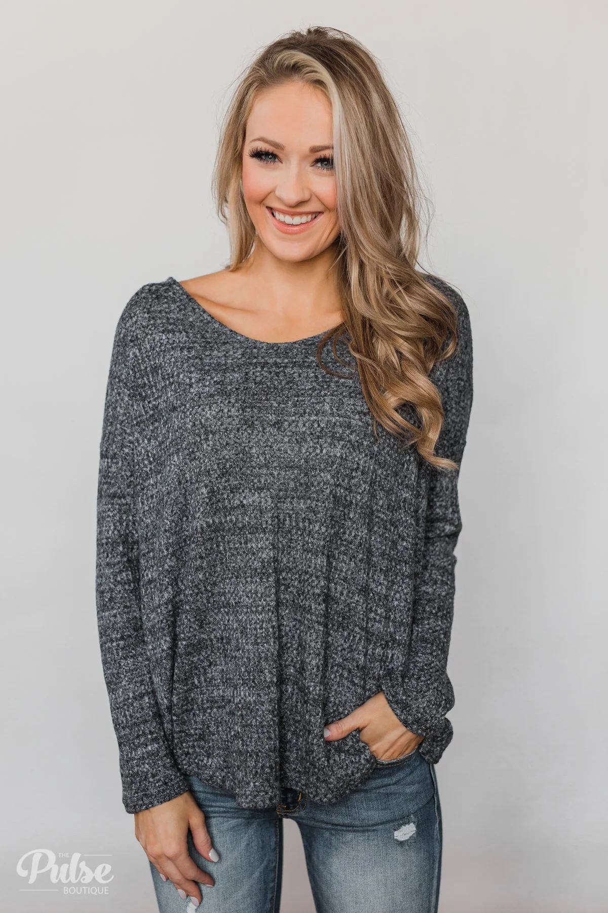Twist of Love Back Detail Thermal Top- Charcoal - Image 2