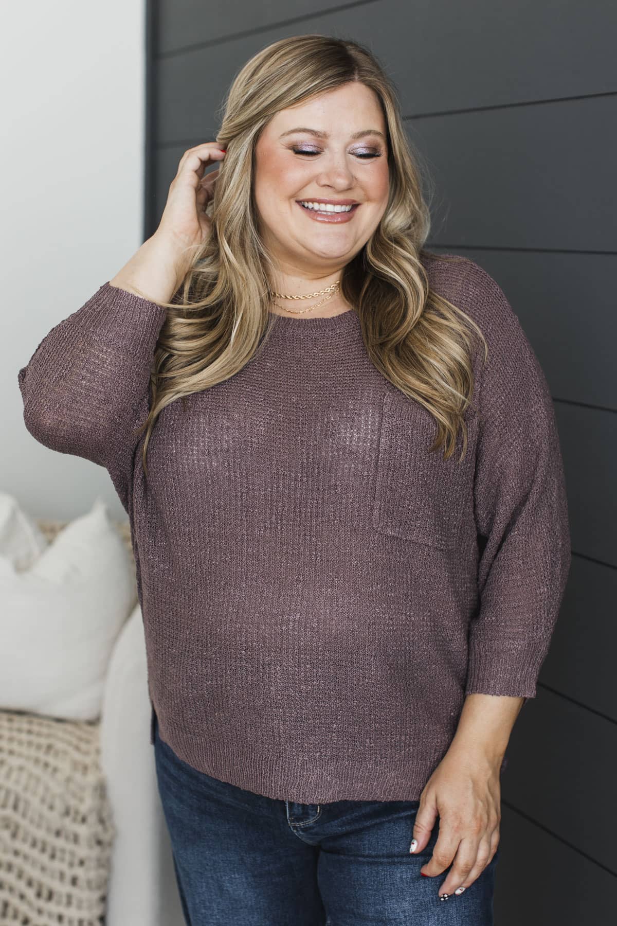 Two Halves One Heart Knit Sweater Top- Dusty Plum - Image 2