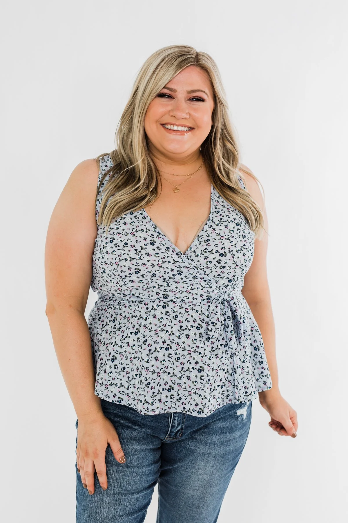 Two Steps Forward Sleeveless Wrap Blouse- Powder Blue - Image 3