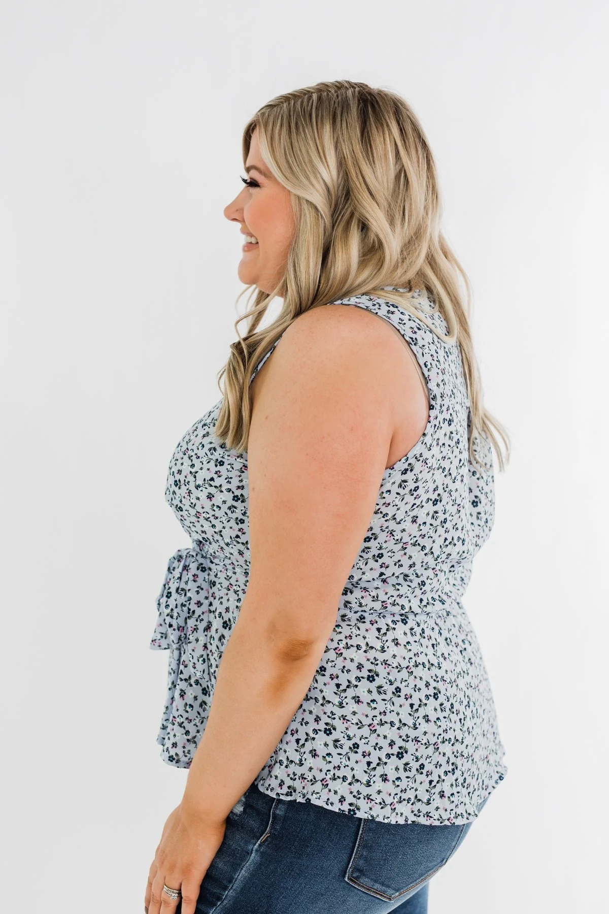 Two Steps Forward Sleeveless Wrap Blouse- Powder Blue - Image 4