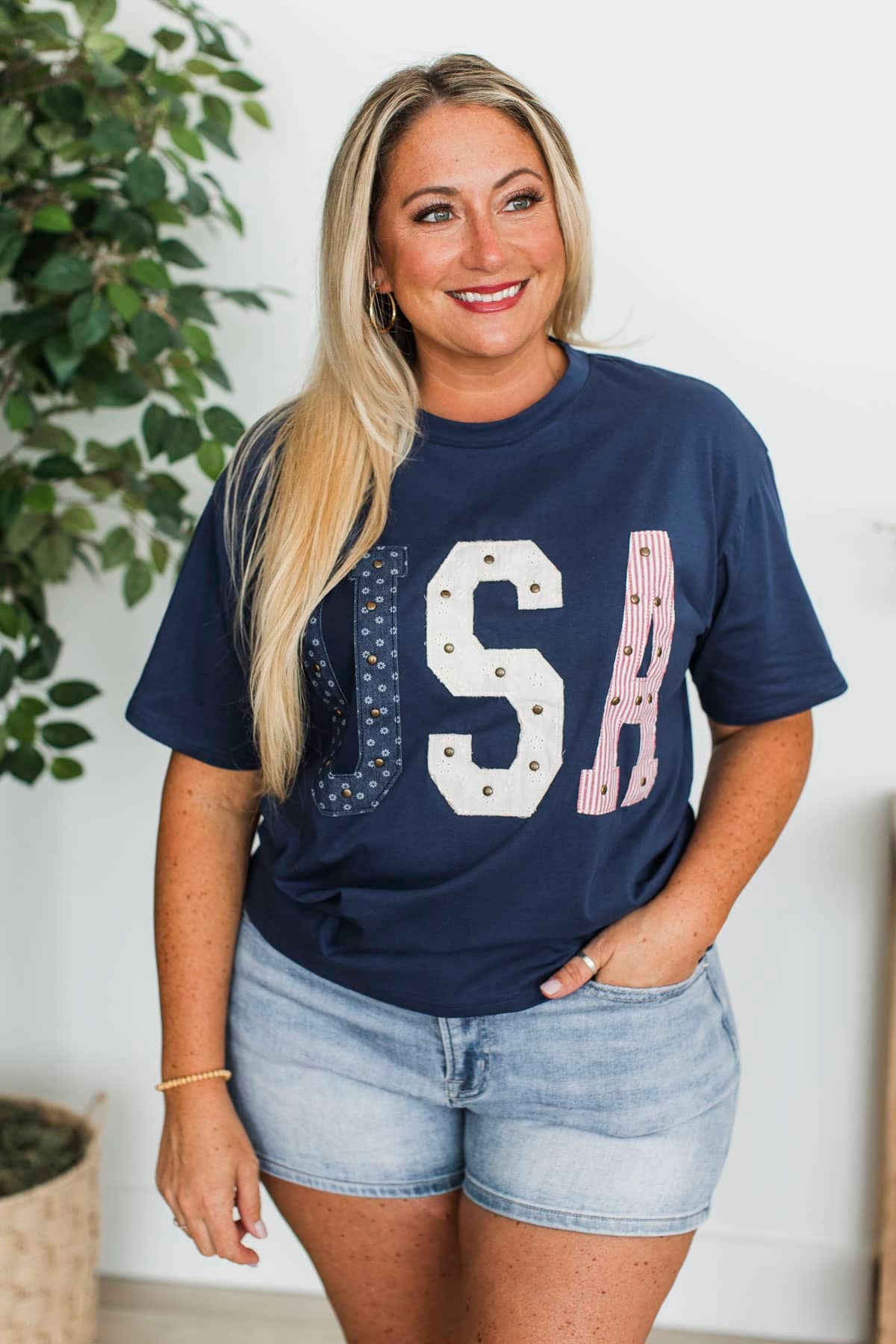 "U.S.A." Appliqué Short Sleeve Top- Navy Blue - Image 2