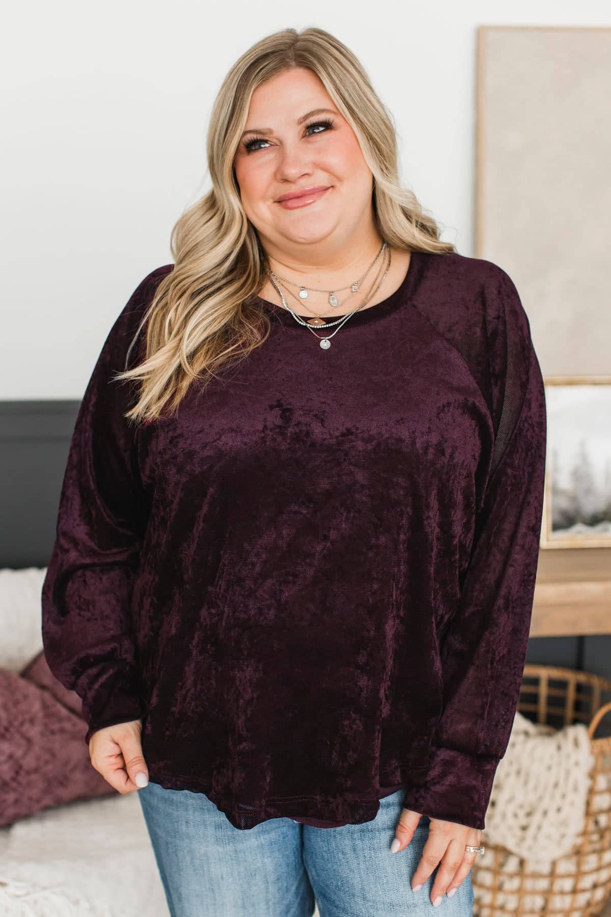 Unbeatable Moments Mesh Velvet Top- Wine - Image 3