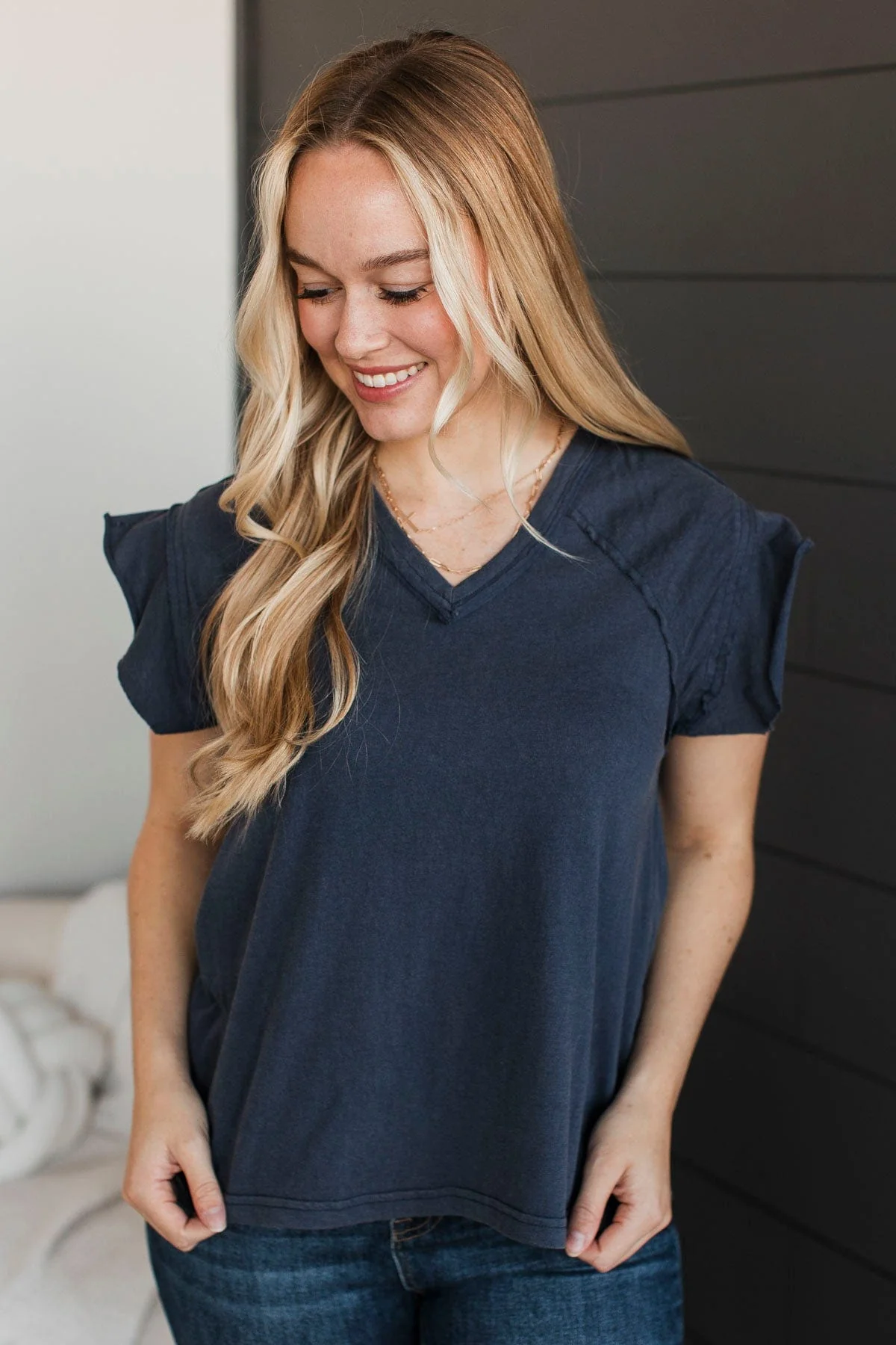Unbelievable Timing V-Neck Top- Navy - Image 4