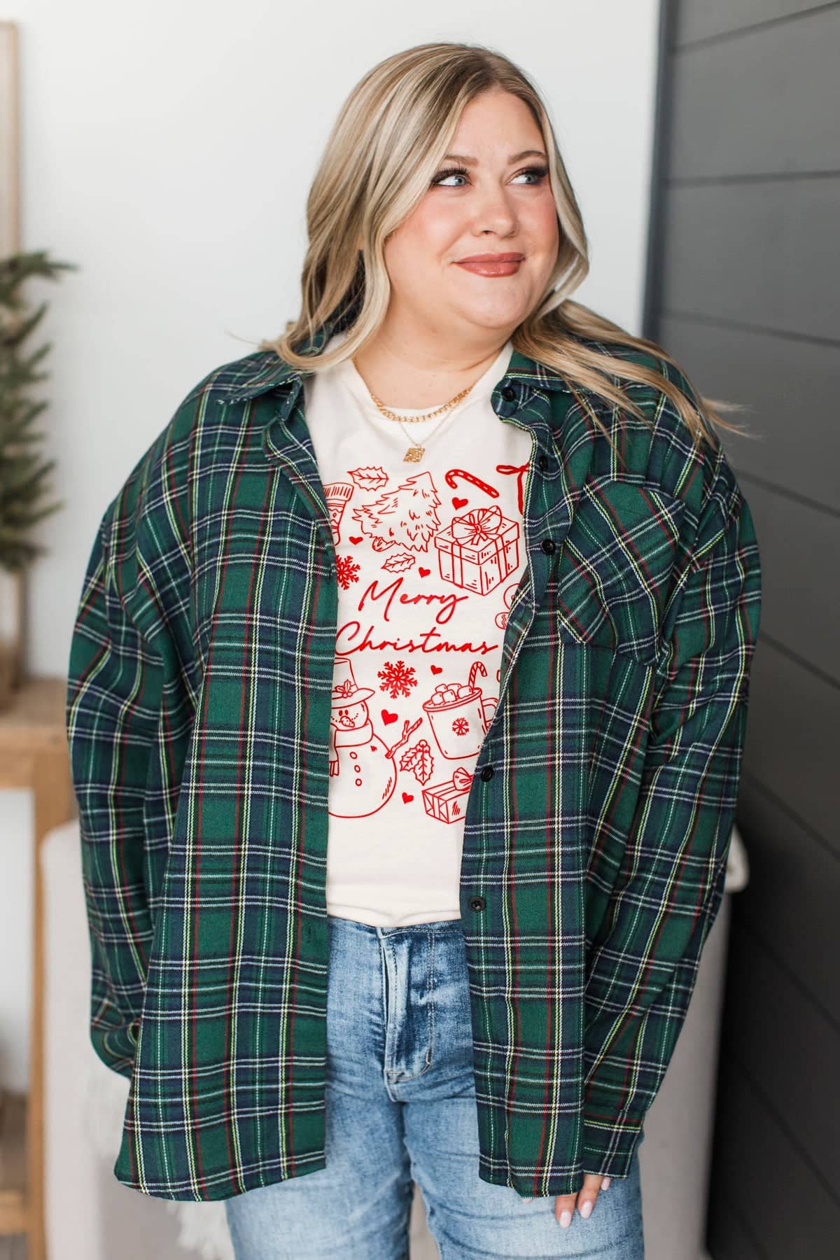 Unbelievably Blessed Plaid Button Top- Hunter Green - Image 3