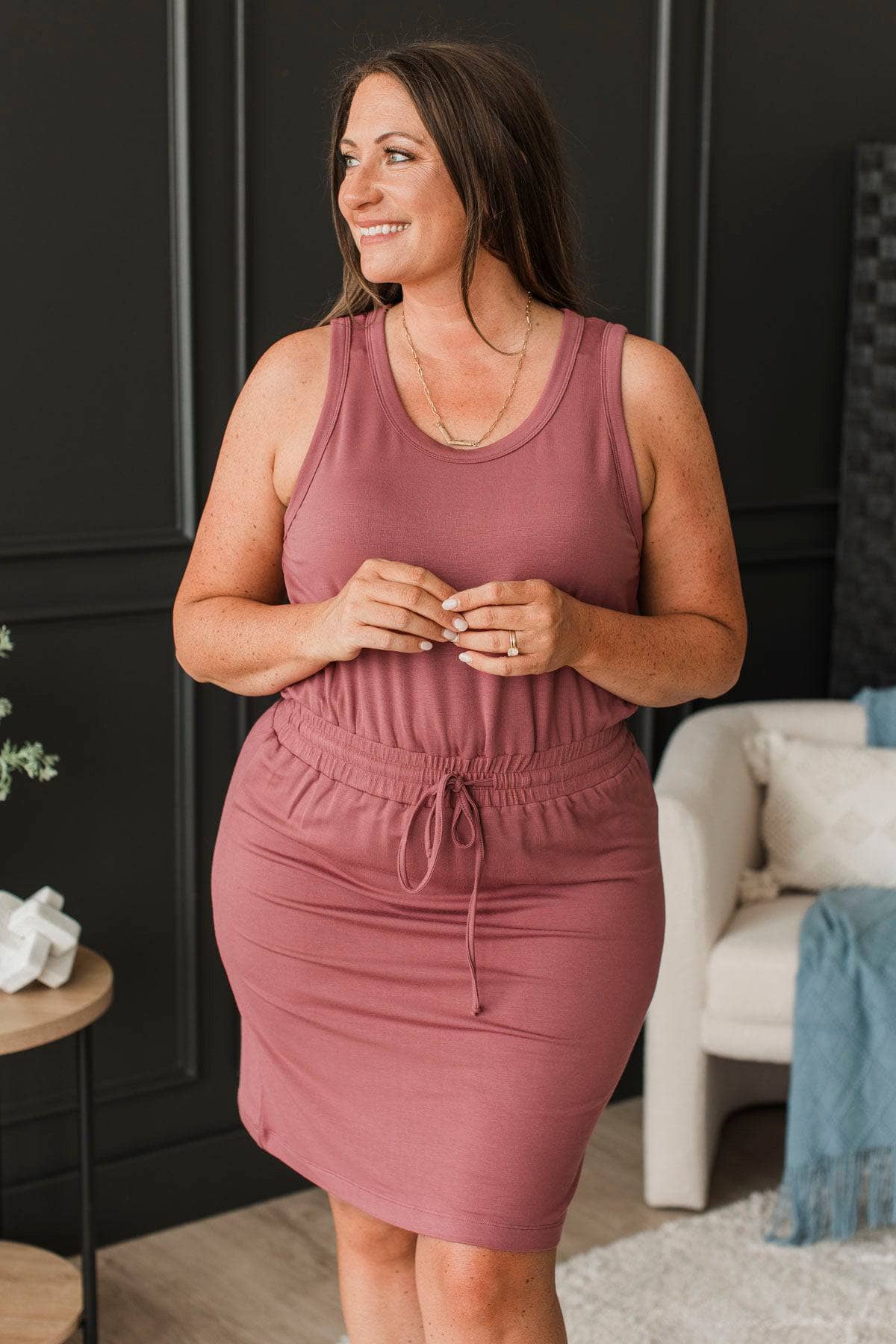 Unbelievably Darling Drawstring Dress- Marsala - Image 2