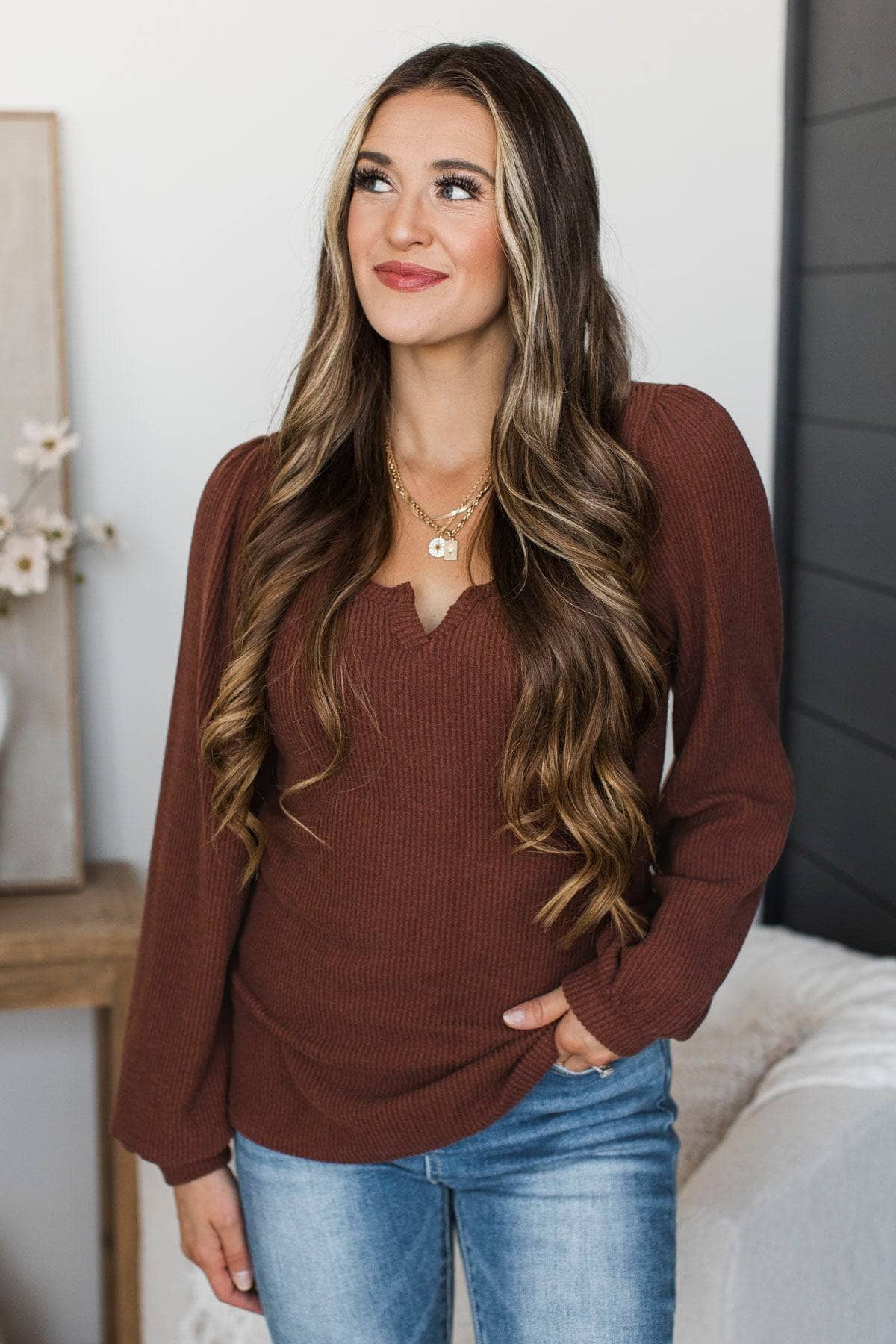 Uncovering Happiness Ribbed Puff Sleeve Top- Chocolate - Image 4