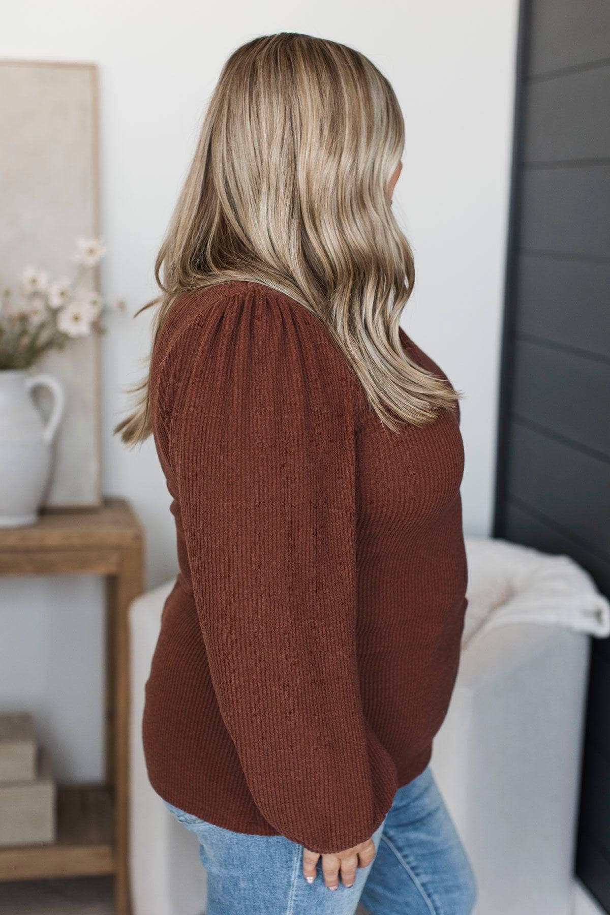 Uncovering Happiness Ribbed Puff Sleeve Top- Chocolate - Image 5