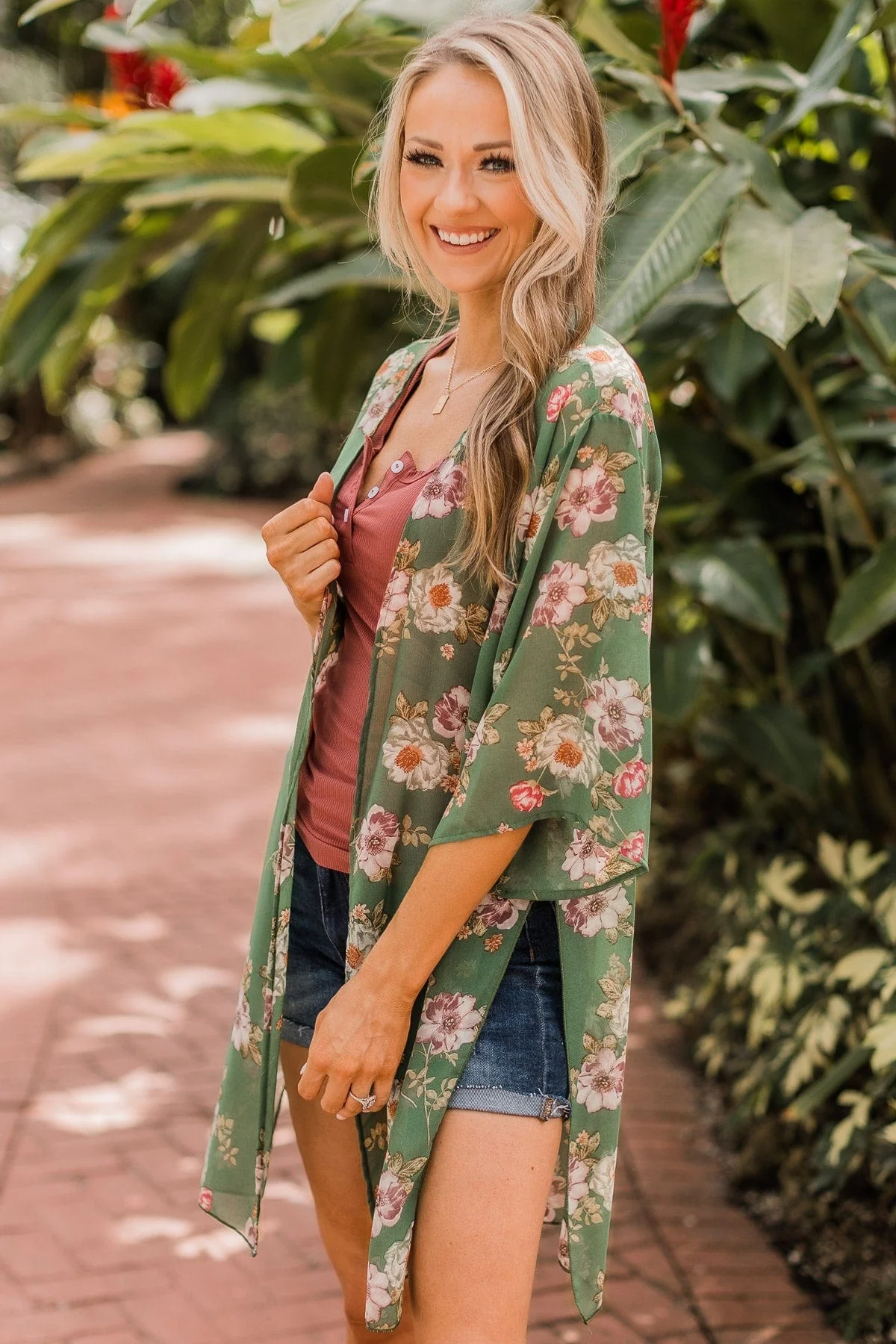Under The Cabana Floral Kimono- Olive - Image 2