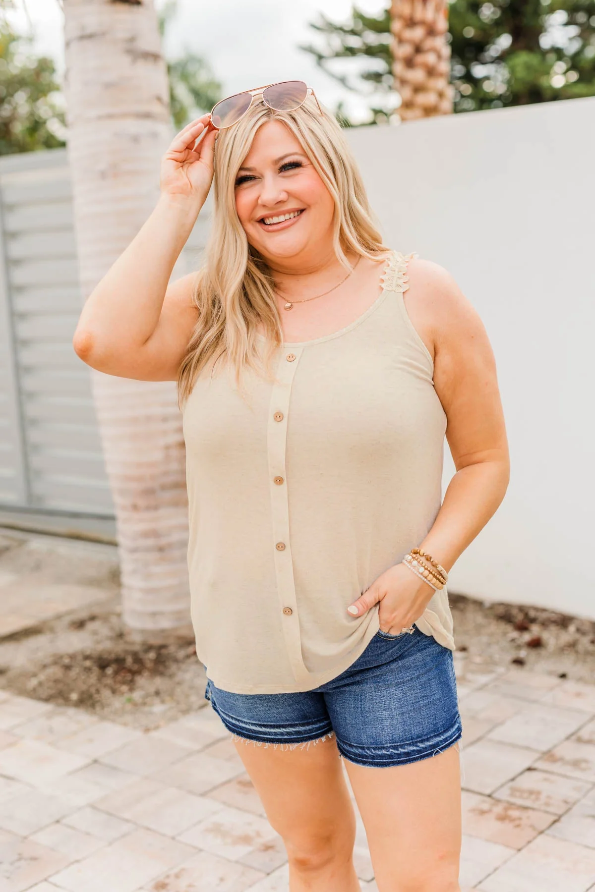 Under The Palm Trees Button Tank- Oatmeal - Image 2