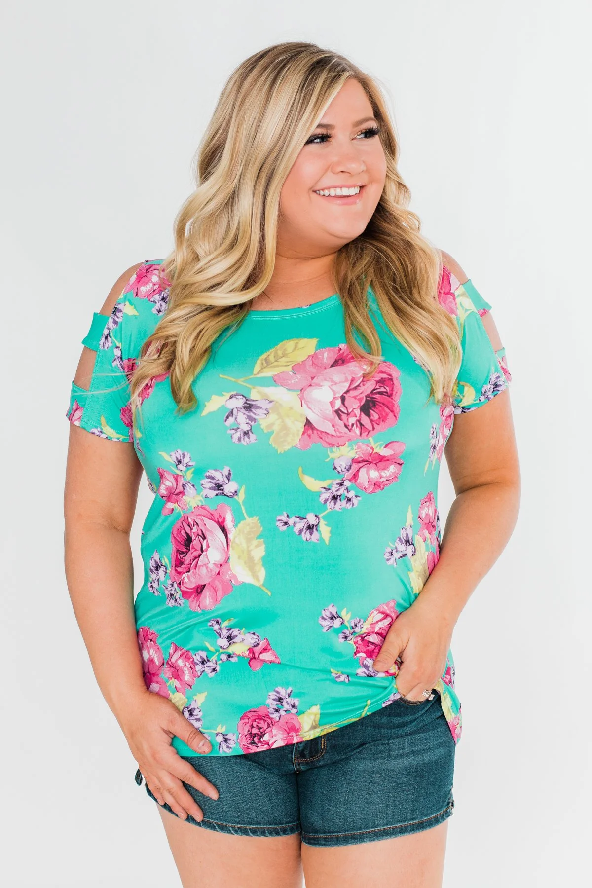 Under The Sun Cold Shoulder Floral Top- Light Teal - Image 5
