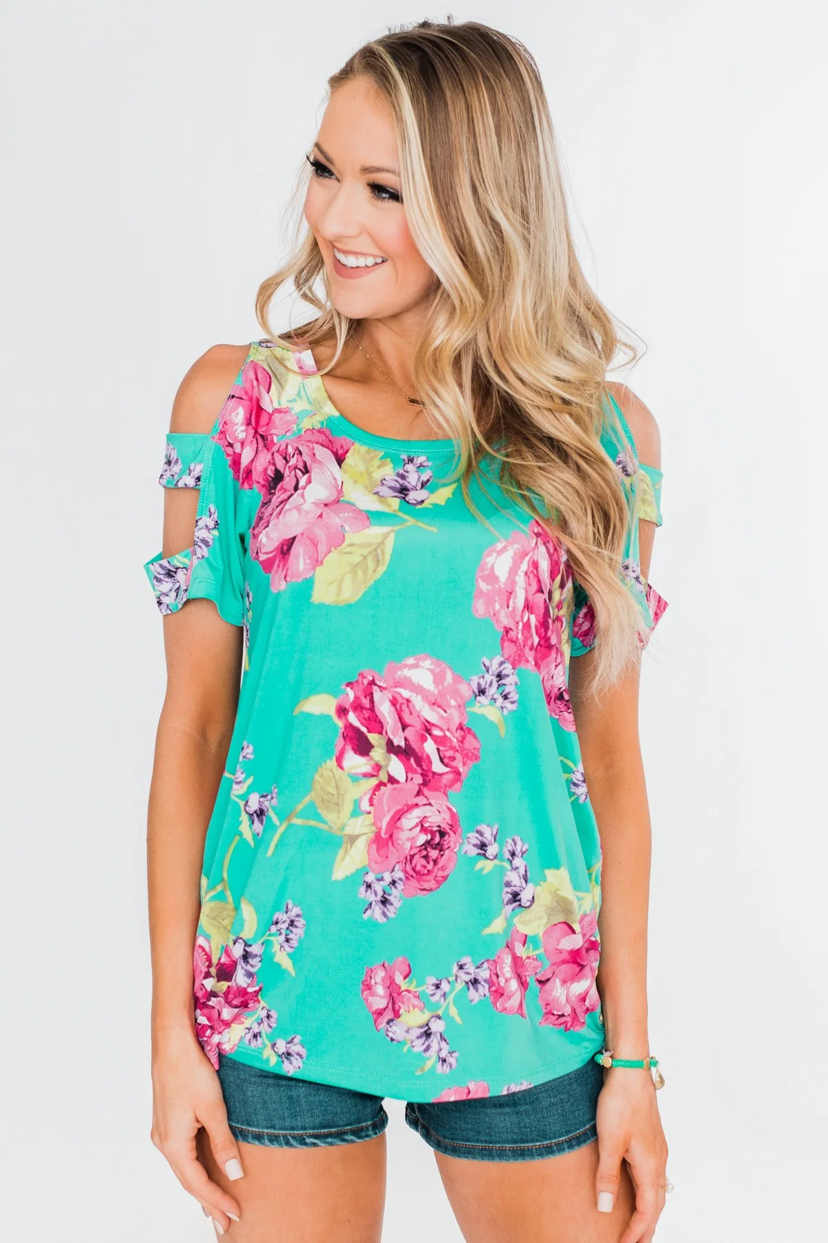 Under The Sun Cold Shoulder Floral Top- Light Teal - Image 6