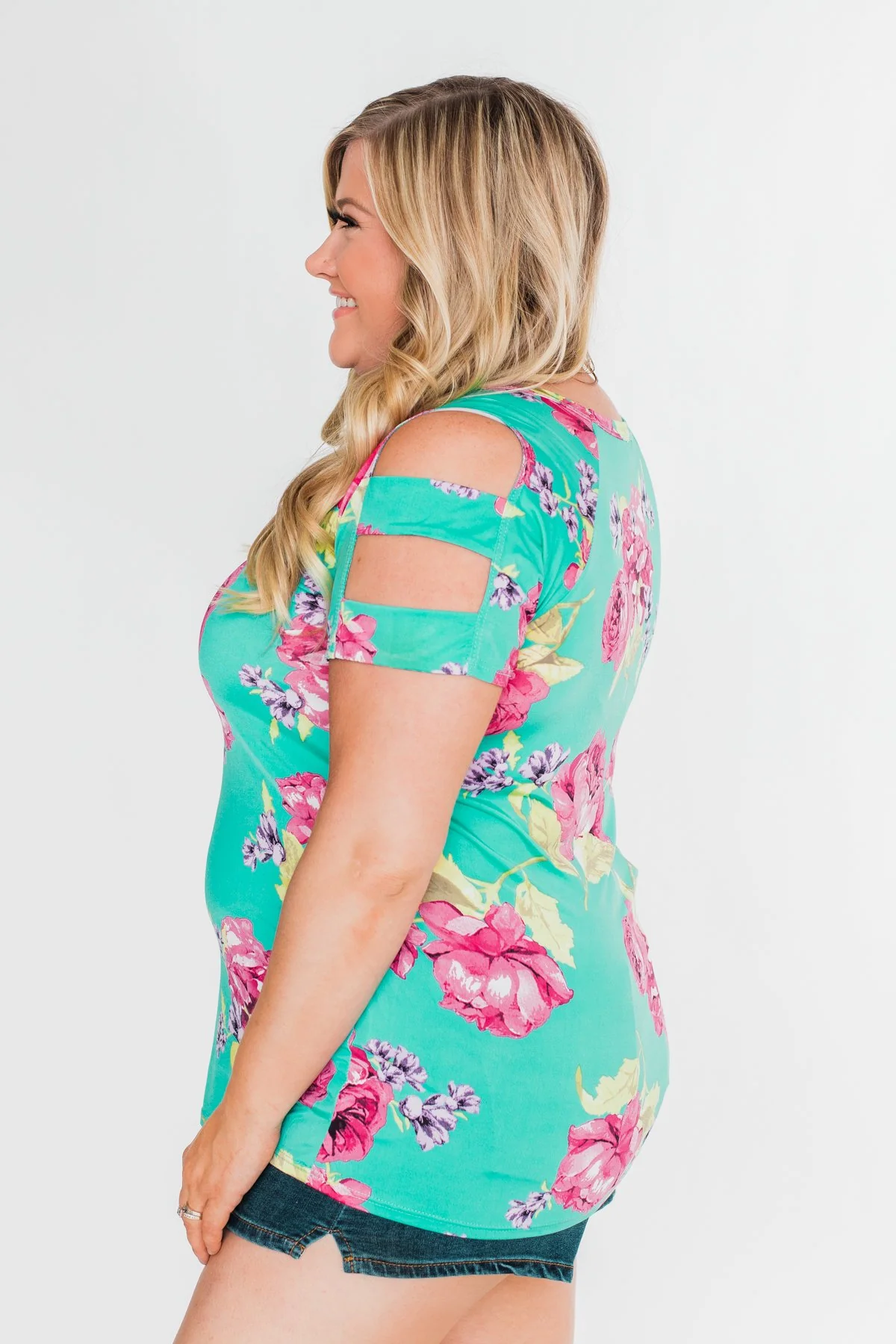 Under The Sun Cold Shoulder Floral Top- Light Teal - Image 9