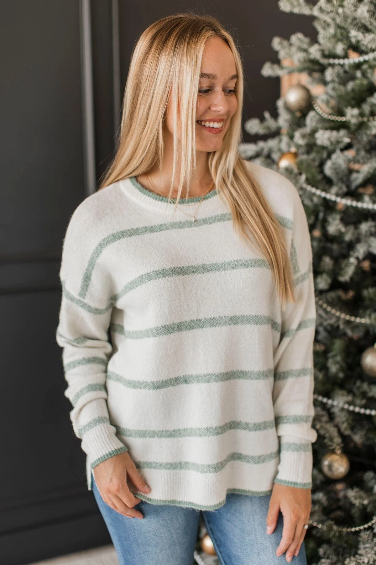 Undivided Attention Striped Sweater- Ivory & Dusty Mint - Image 4