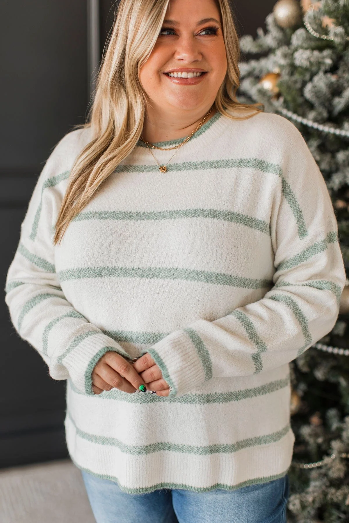 Undivided Attention Striped Sweater- Ivory & Dusty Mint - Image 5
