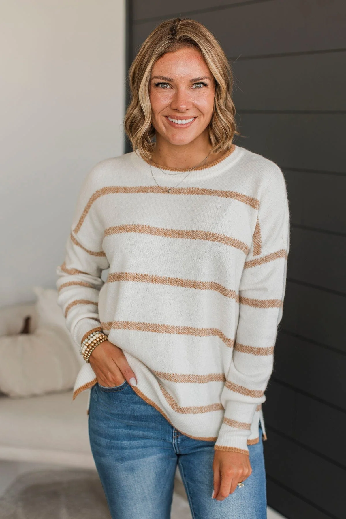 Undivided Attention Striped Sweater- Ivory & Honey - Image 3