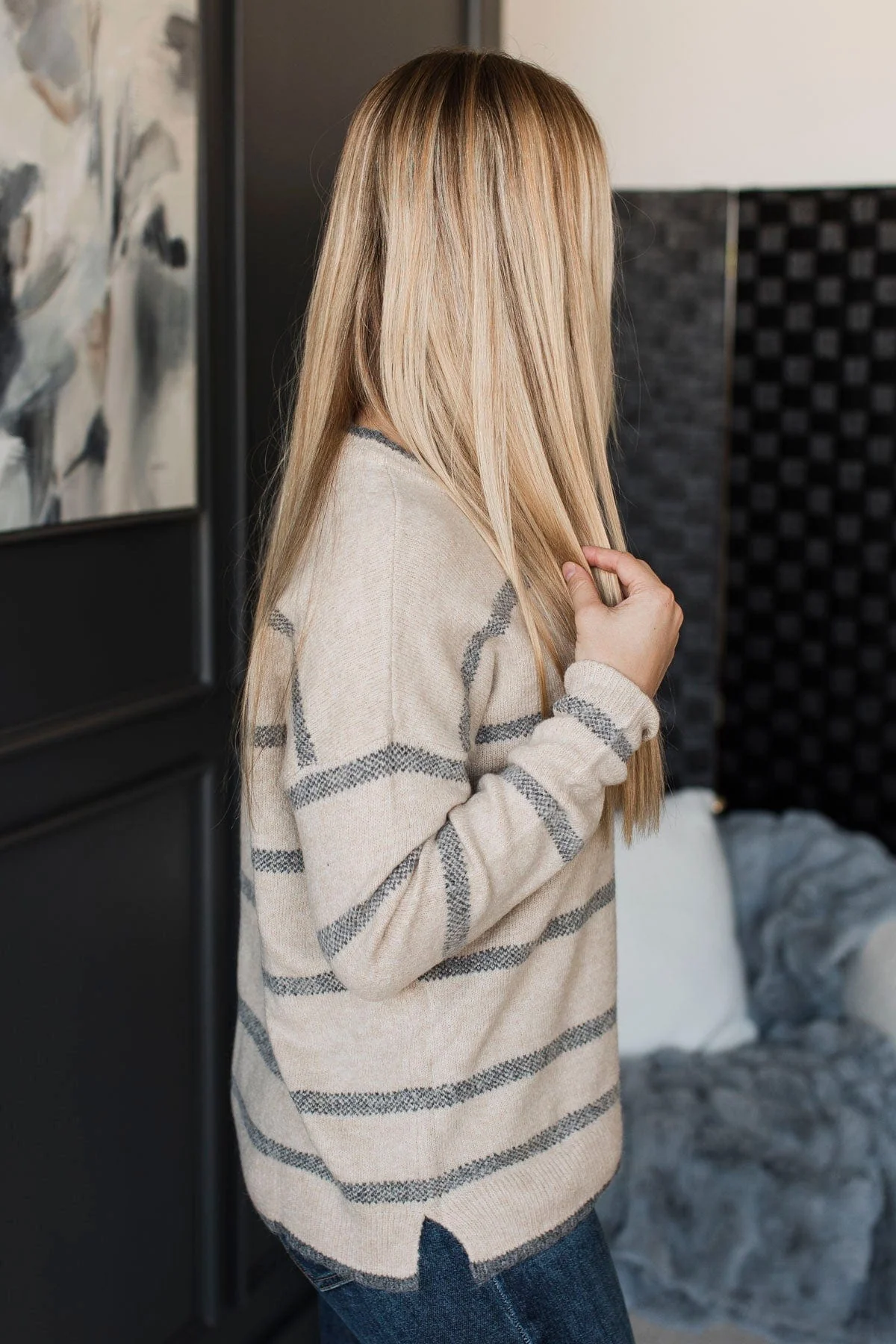 Undivided Attention Striped Sweater- Sand & Charcoal - Image 5