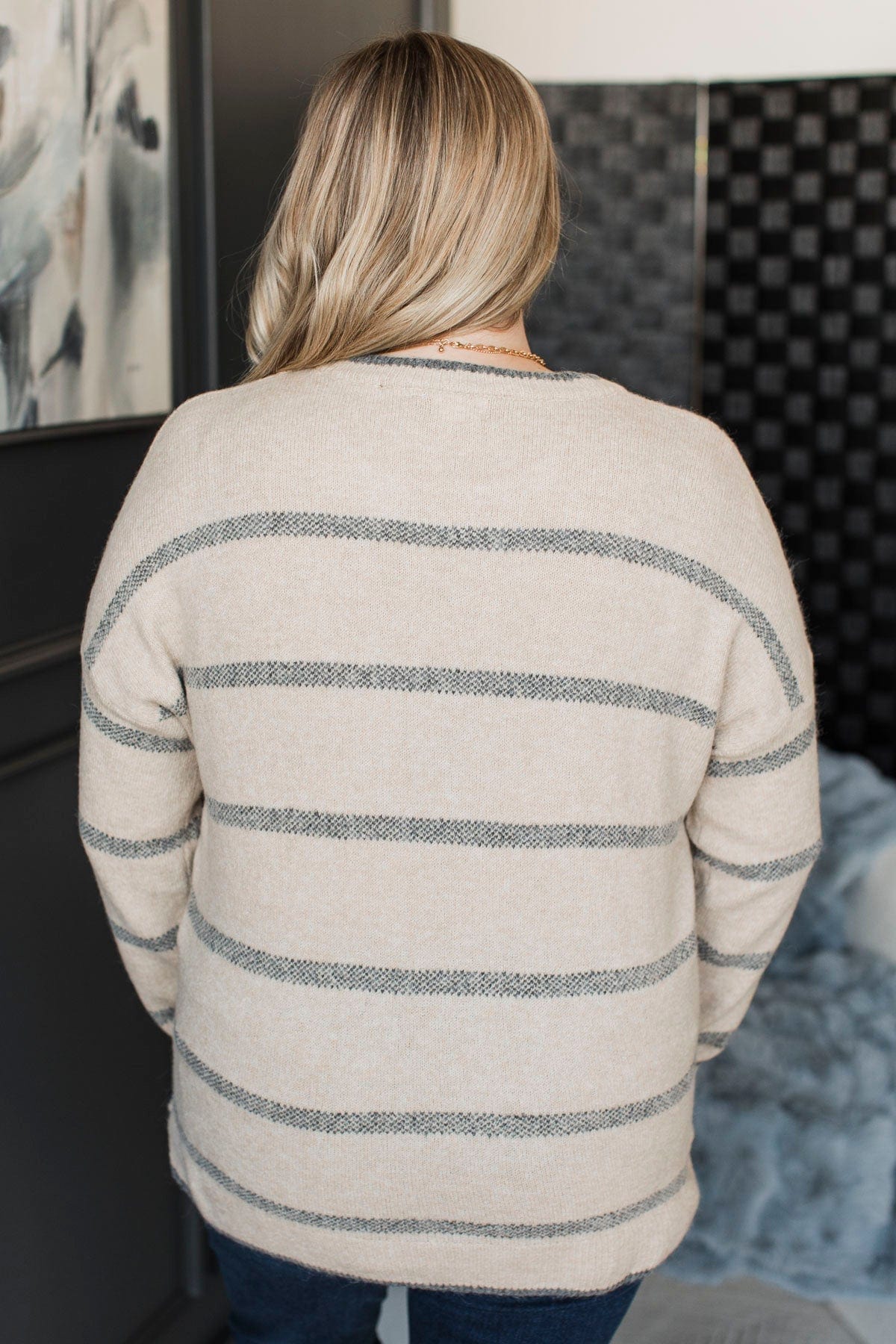 Undivided Attention Striped Sweater- Sand & Charcoal - Image 6