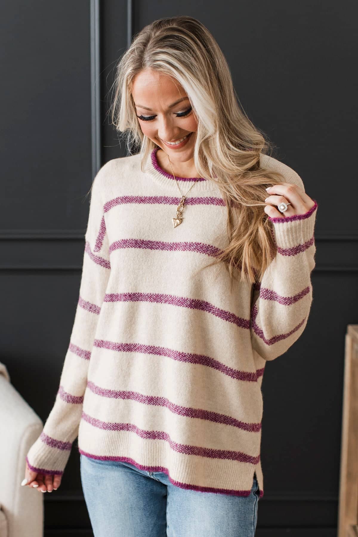 Undivided Attention Striped Sweater- Warm Beige & Magenta - Image 2