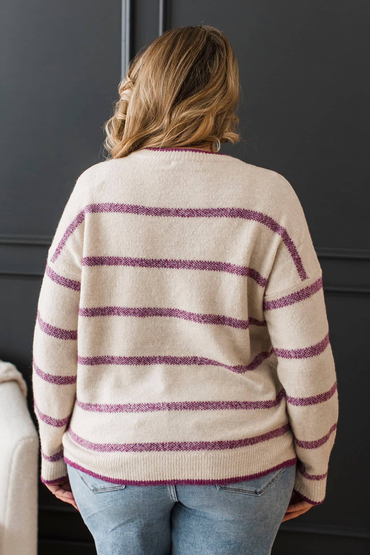 Undivided Attention Striped Sweater- Warm Beige & Magenta - Image 8