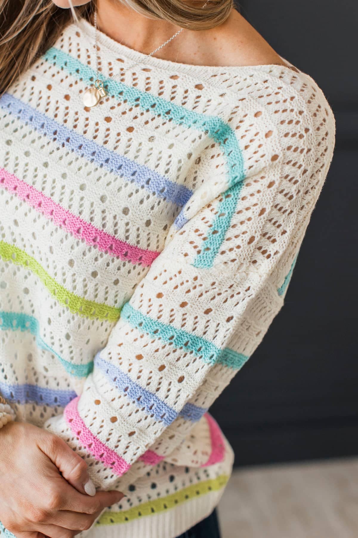Unfiltered Moments Striped Pointelle Knit Sweater- Cream Multi - Image 4