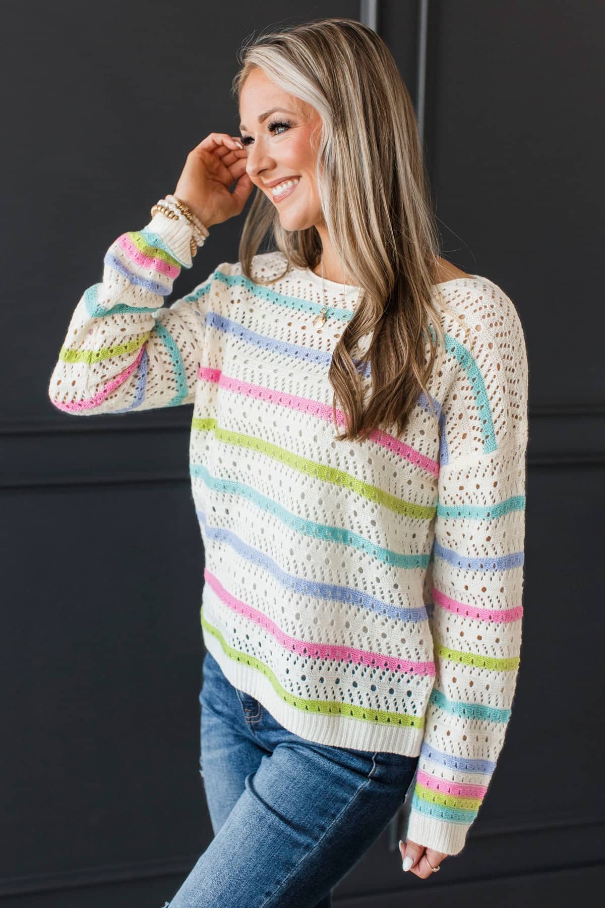 Unfiltered Moments Striped Pointelle Knit Sweater- Cream Multi - Image 6