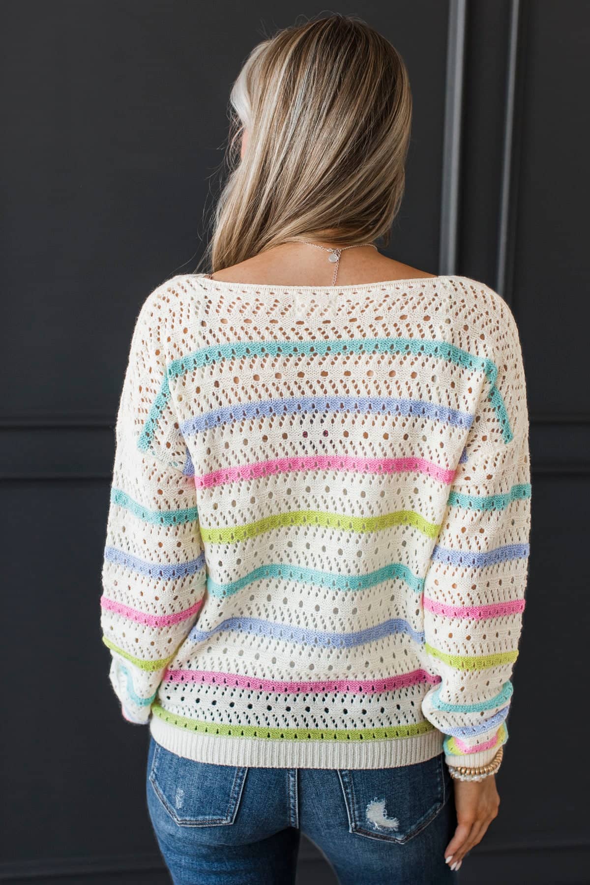 Unfiltered Moments Striped Pointelle Knit Sweater- Cream Multi - Image 8