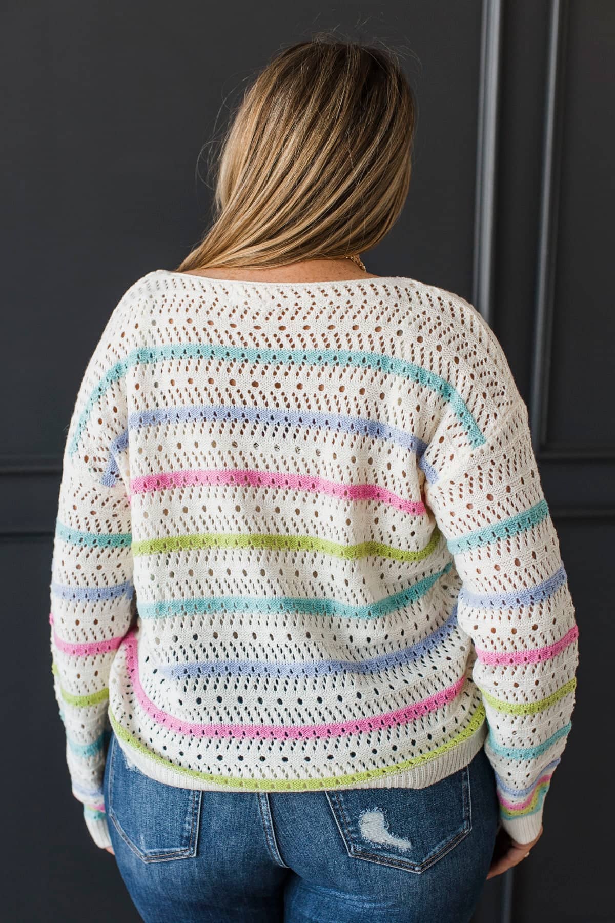 Unfiltered Moments Striped Pointelle Knit Sweater- Cream Multi - Image 9