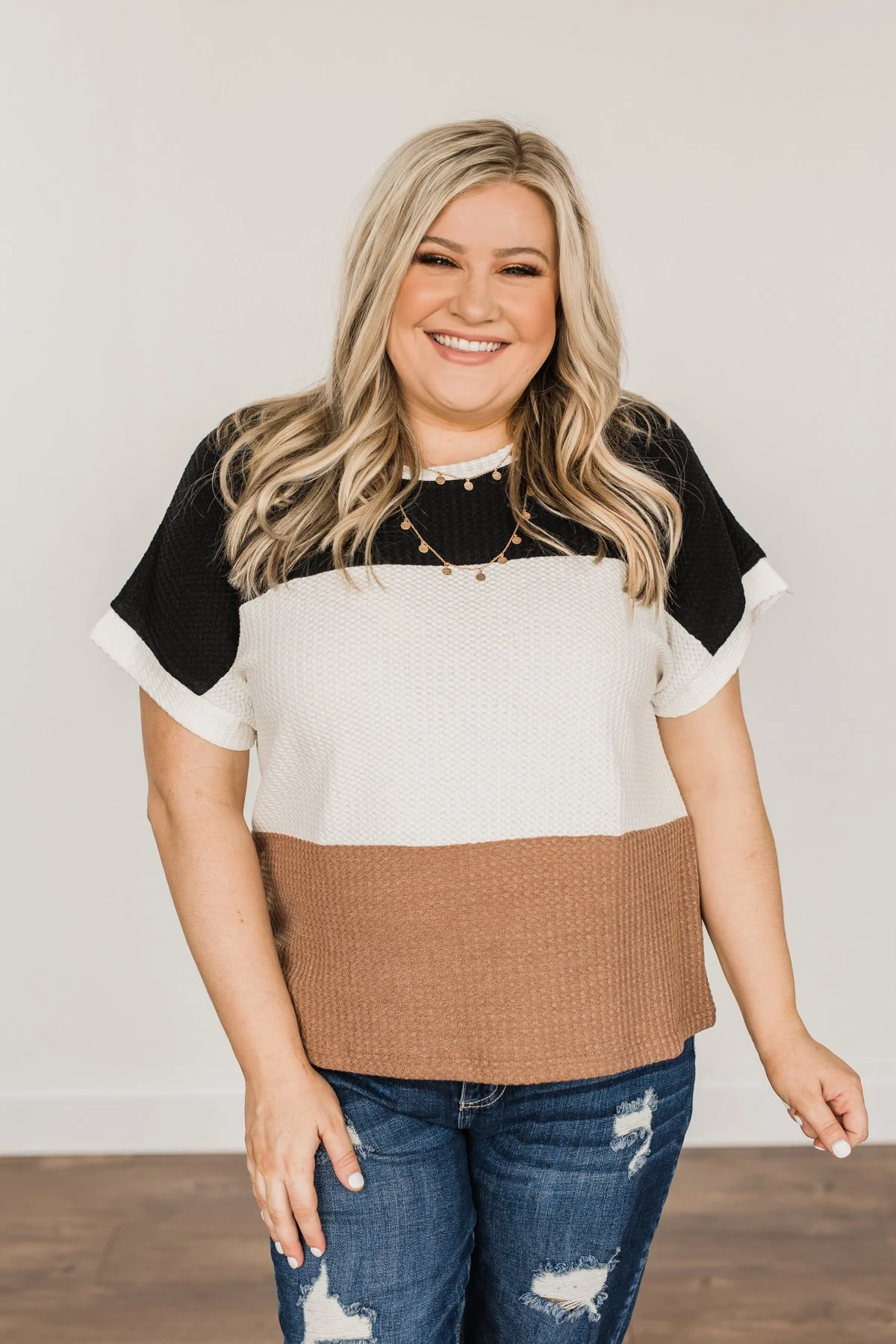Unforgettable Fun Color Block Top- Black, Ivory & Mocha - Image 2