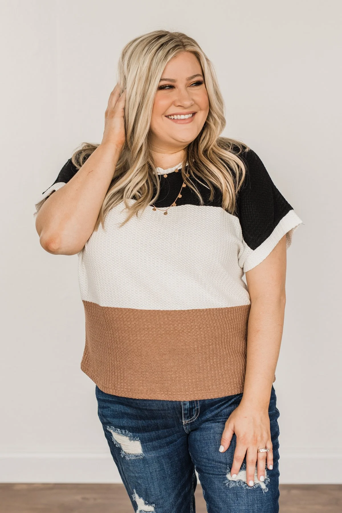 Unforgettable Fun Color Block Top- Black, Ivory & Mocha - Image 4