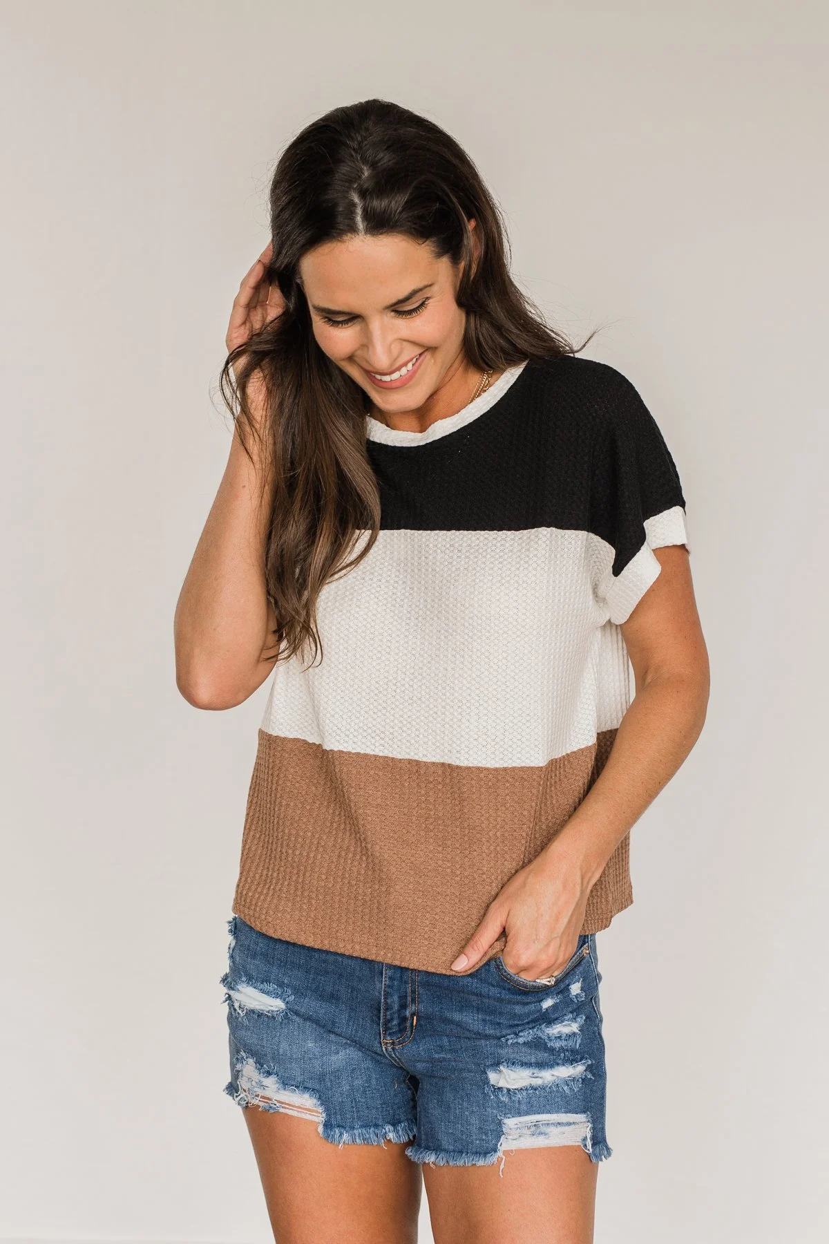 Unforgettable Fun Color Block Top- Black, Ivory & Mocha - Image 5