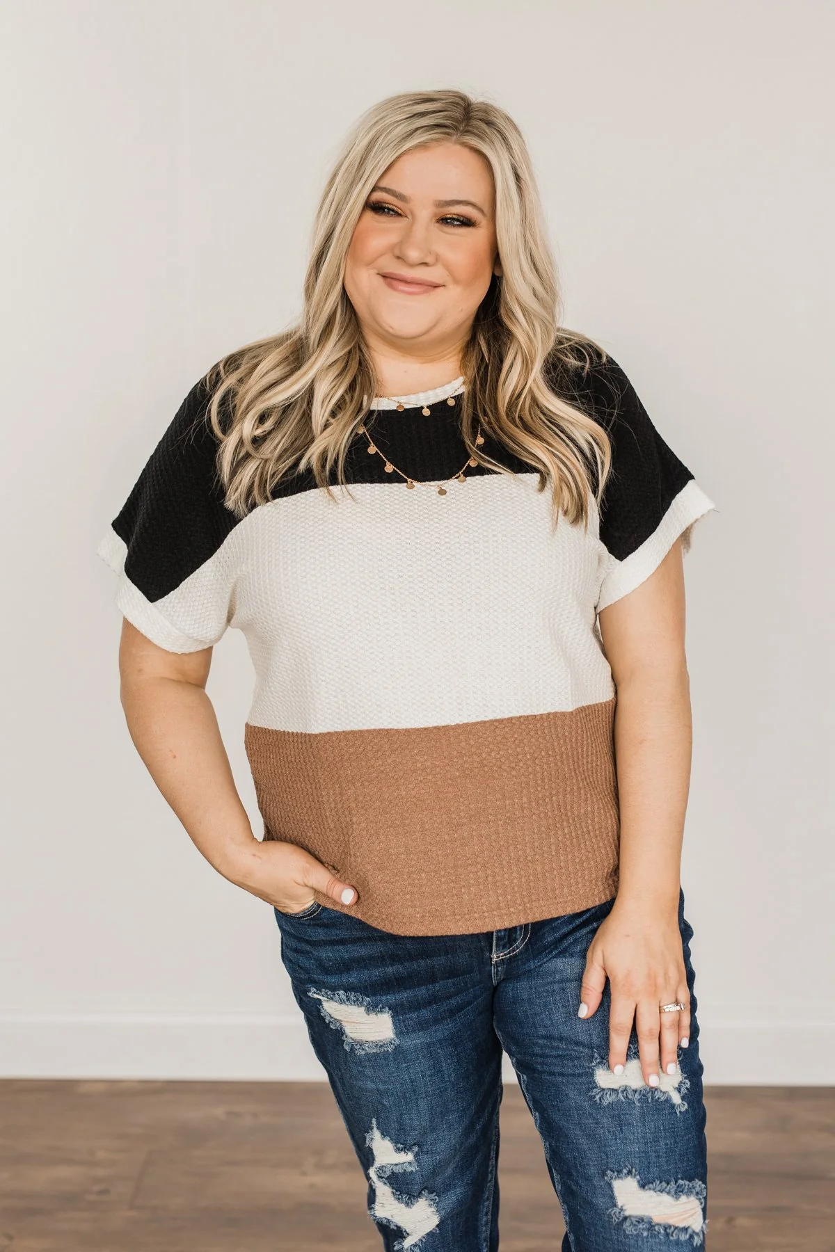 Unforgettable Fun Color Block Top- Black, Ivory & Mocha - Image 7