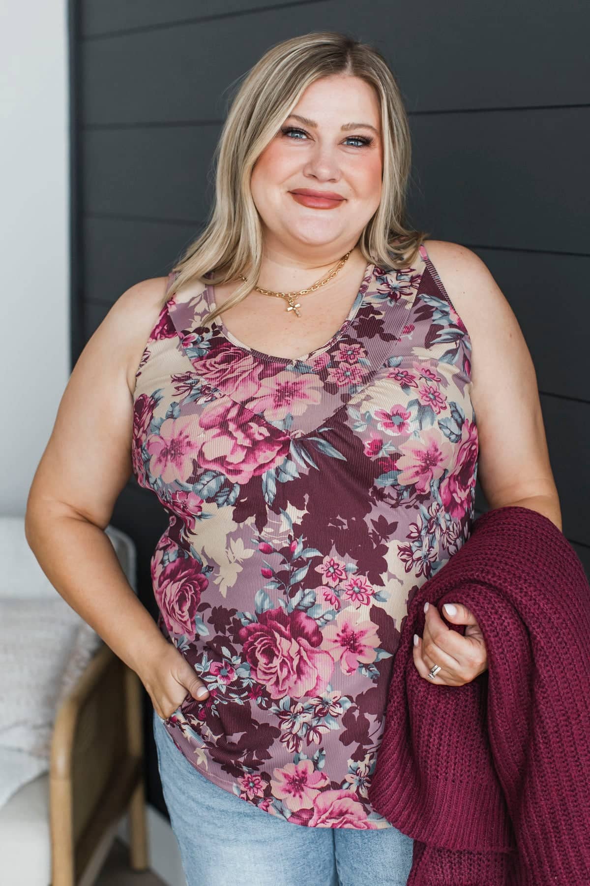 Unique Allure Ribbed Floral Tank Top- Wine - Image 4